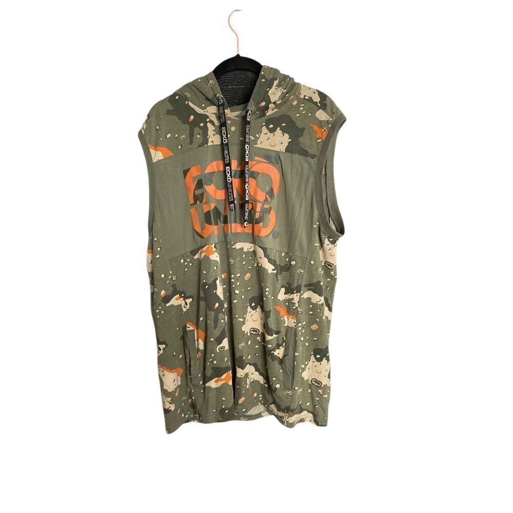 Echo unlimited men’s, camo hoodie, shirt vest, Y2K size large